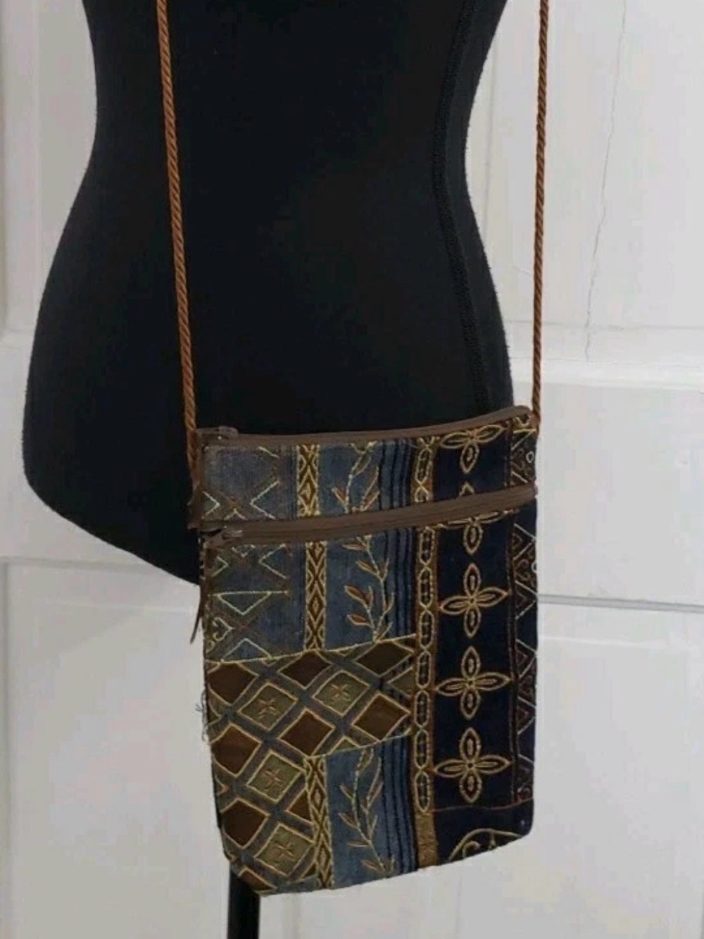 Bohemian Patchwork Crossbody Bag in Navy and Brown